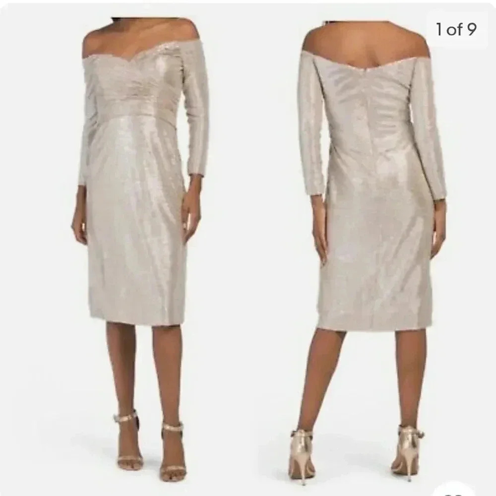 Rene by Rene Ruiz 3/4 Sleeve Draped Cocktail Dress in Champagne Metallic